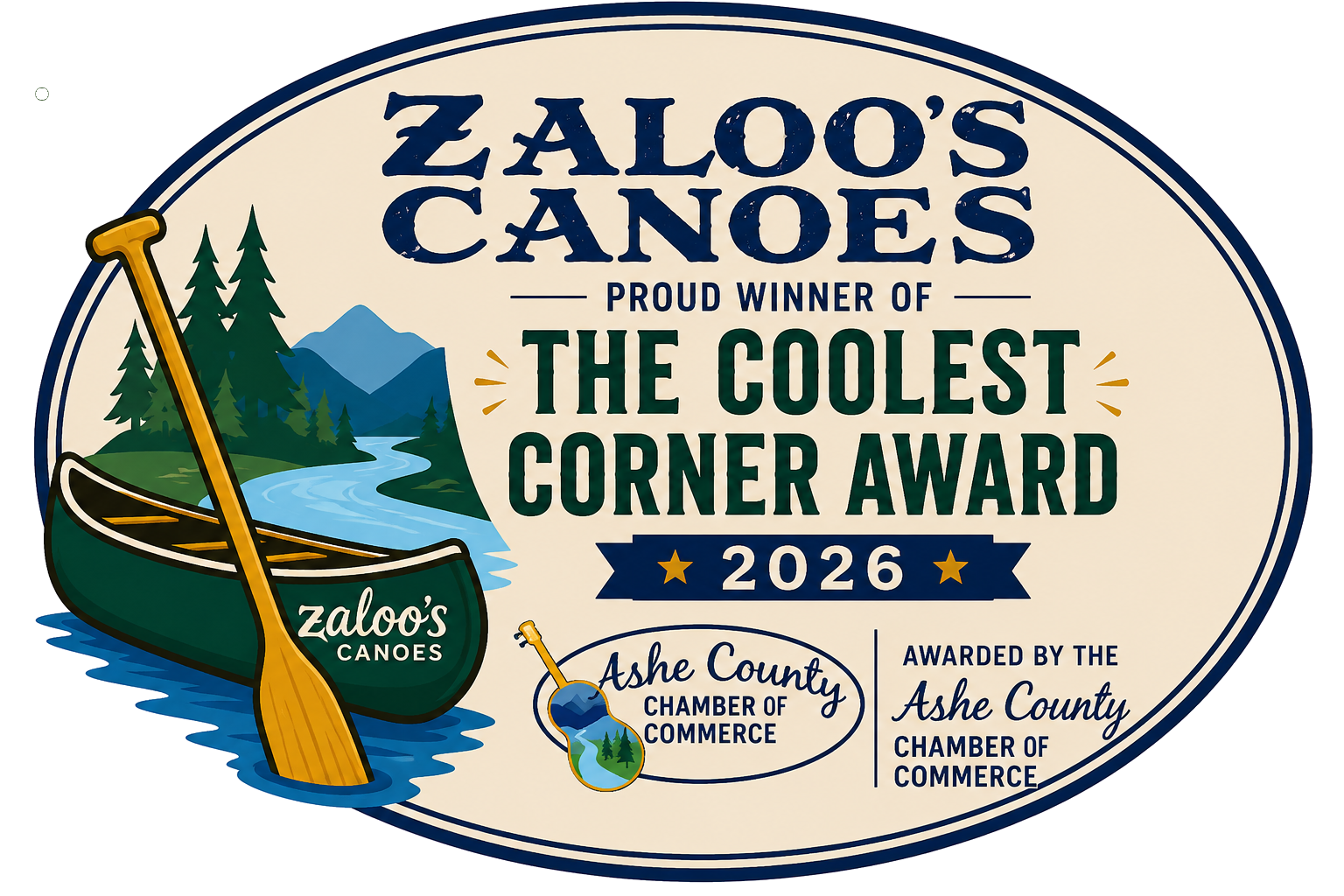 Zaloo's Canoes award logo with river, trees, canoe, and 2026 Ashe County Chamber of Commerce text.