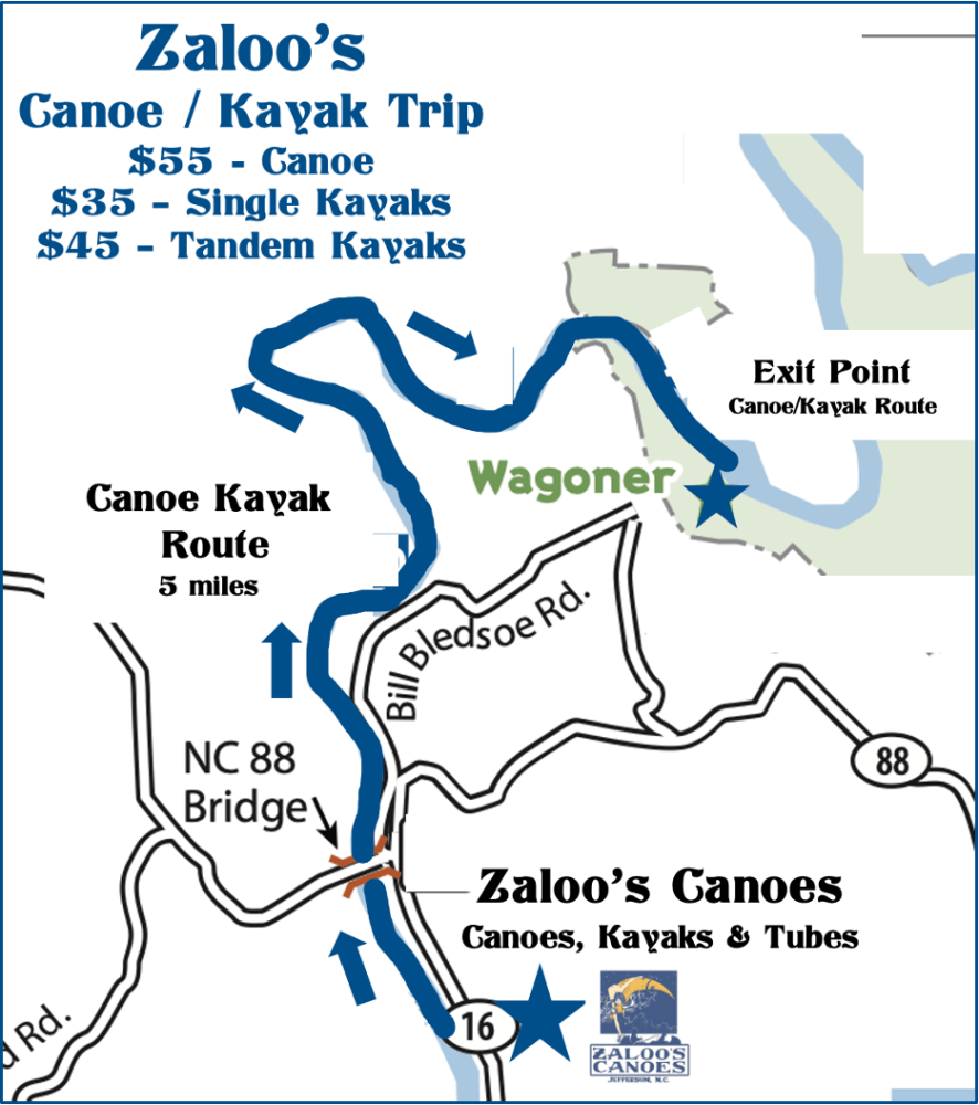 Map of Zaloos Canoe/Kayak trip with route, prices, and locations.