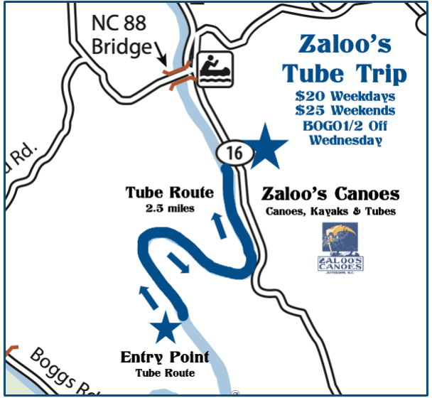 Map of Zaloo's Tube Trip showing tube route, entry point, and prices.