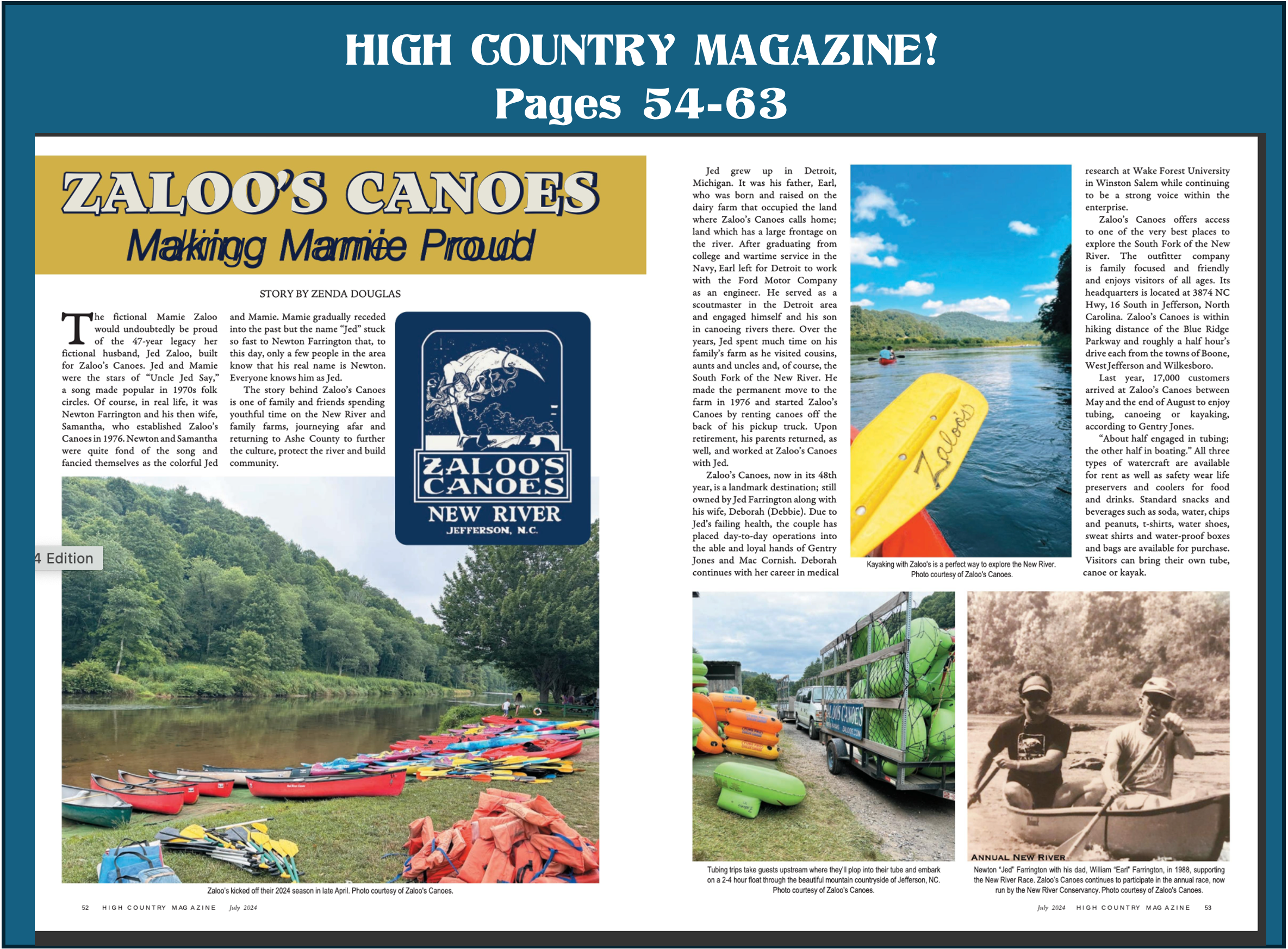 Magazine page featuring Zaloos Canoes article with colorful kayaking images and old black-and-white canoe photo.