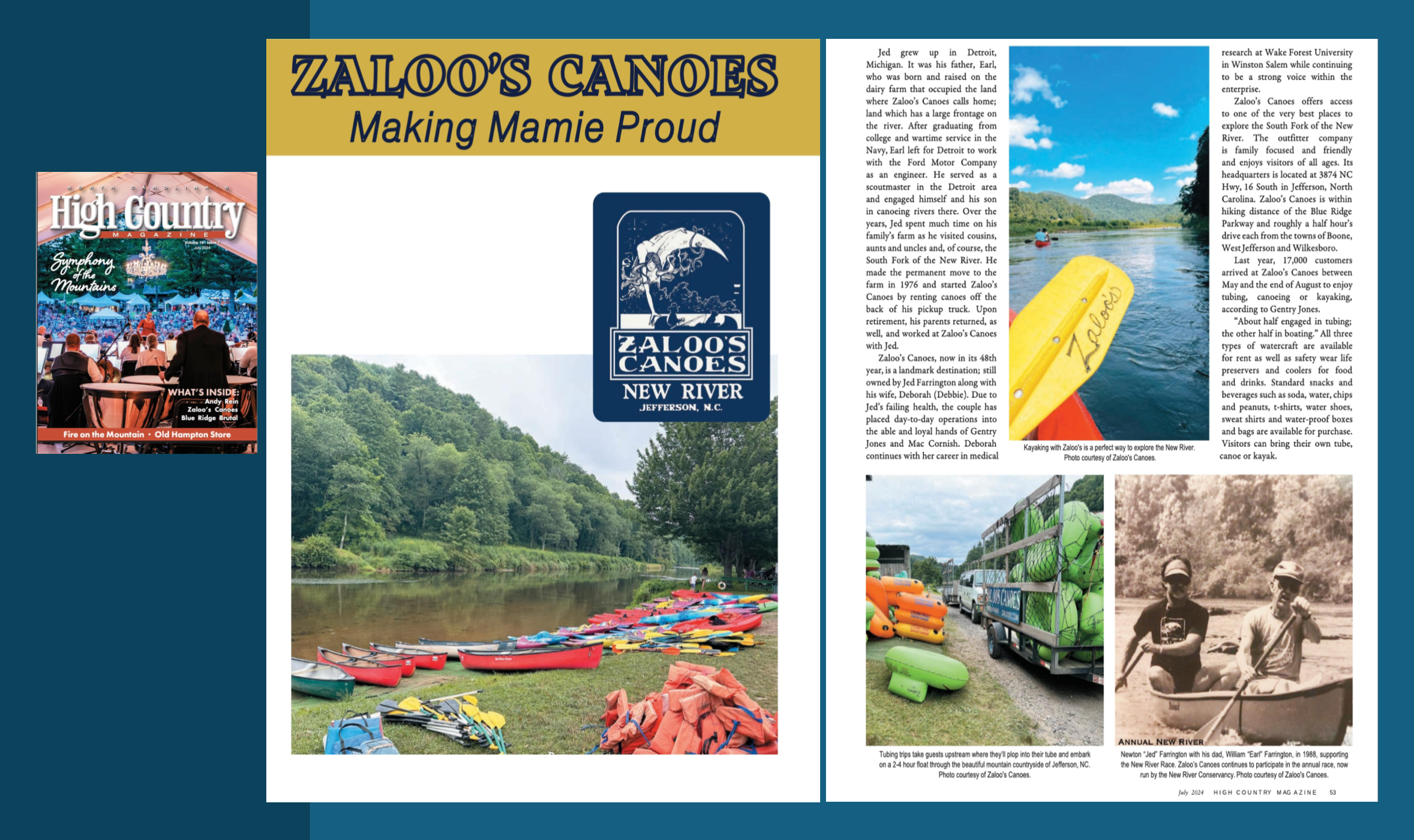 Magazine page about Zaloos Canoes featuring river kayaks and a retro canoe photo.