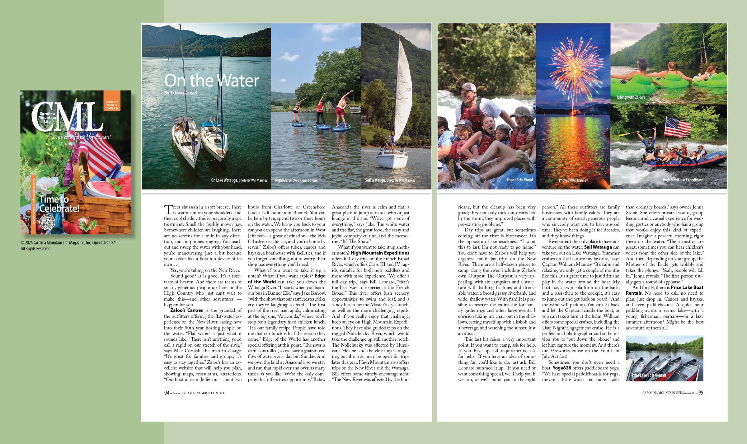 Magazine spread with lake activities, fireworks, and children in canoes.